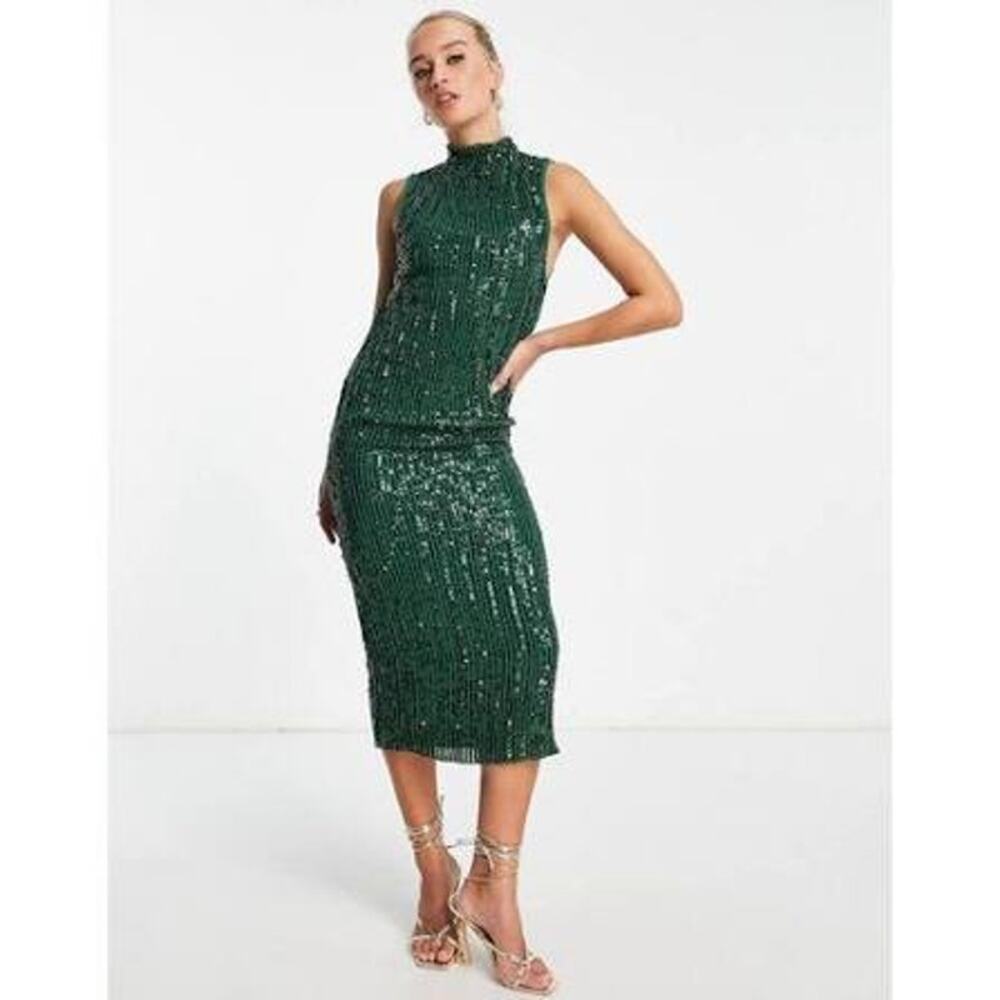 Asos Midi Forest Green Sleeveless Sequin Dress High Neck 14 NWT